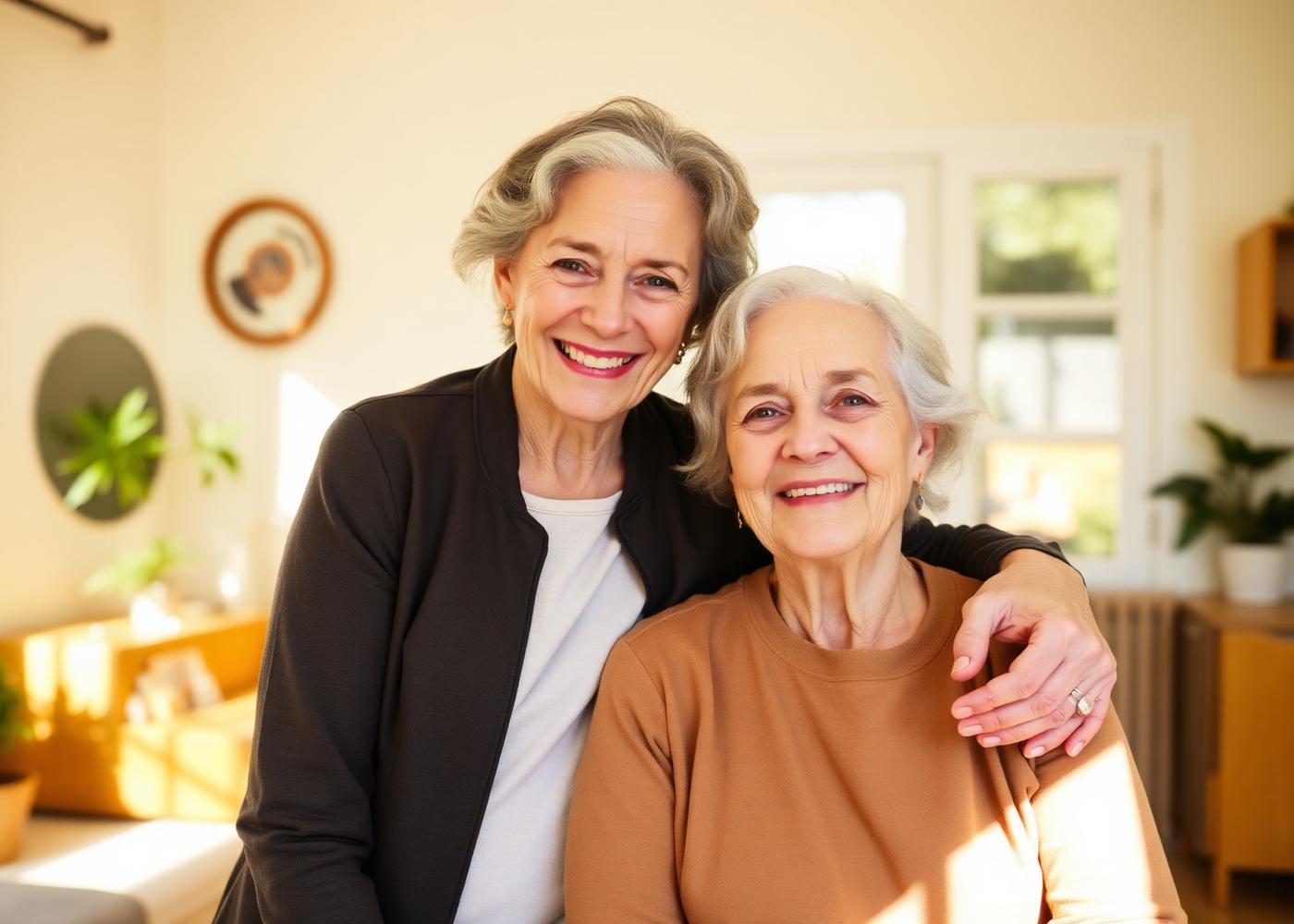 Une femme senior et sa fille souriantes dans un salon lumineux